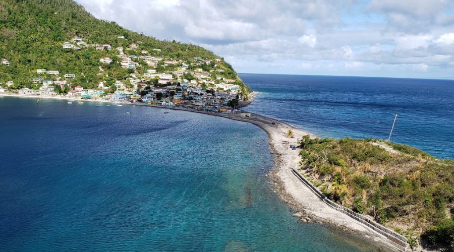 A peninsula separates the Atlantic Ocean and Caribbean Sea in the southwestern village of Scottshead, Dominica. Dominica banned single use plastic in 2020. The UN Decade on Ocean Science is calling for amped up action on conservation and the sustainable use of ocean resources. Credit: Alison Kentish/IPS