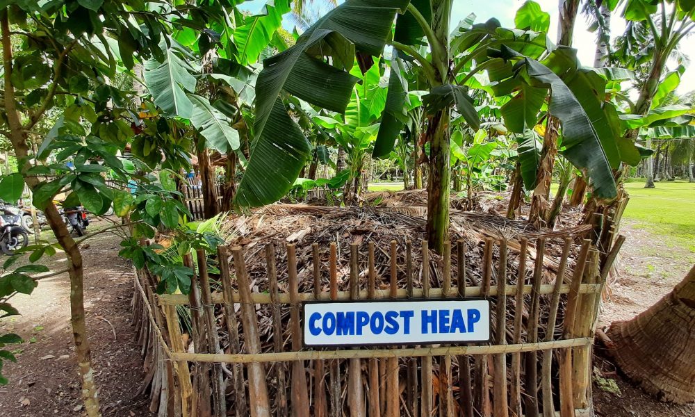 A small community, despite having limited resources, has managed to innovate and create its composting facility by using dried stems from the banana tree to contain its collected garden wastes which can be used for organic composting by the members of the community.
