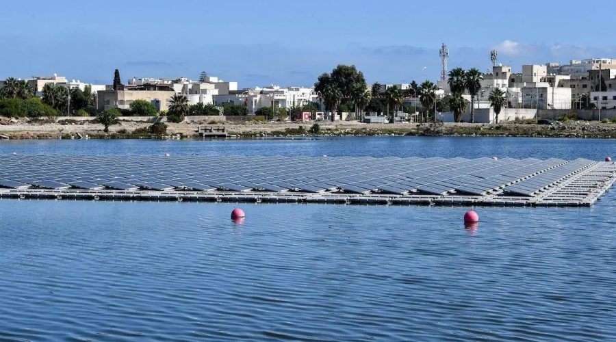 Floating solar panels in a water reservoir in Le Kram, on the eastern edge of Tunisia's capital Tunis on Oct. 19, 2022. FETHI BELAID / AFP via Getty Images